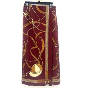 Vintage Country Shop 100% Silk Equestrian Chain Burgundy Wrap Skirt Women's 10